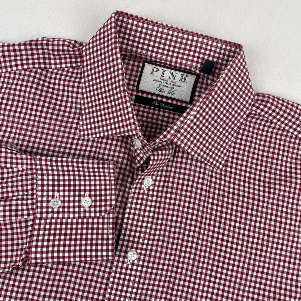 Thomas Pink The Sterling Slim Fit Gingham Shirt Burgundy White 16.5 35 Mens